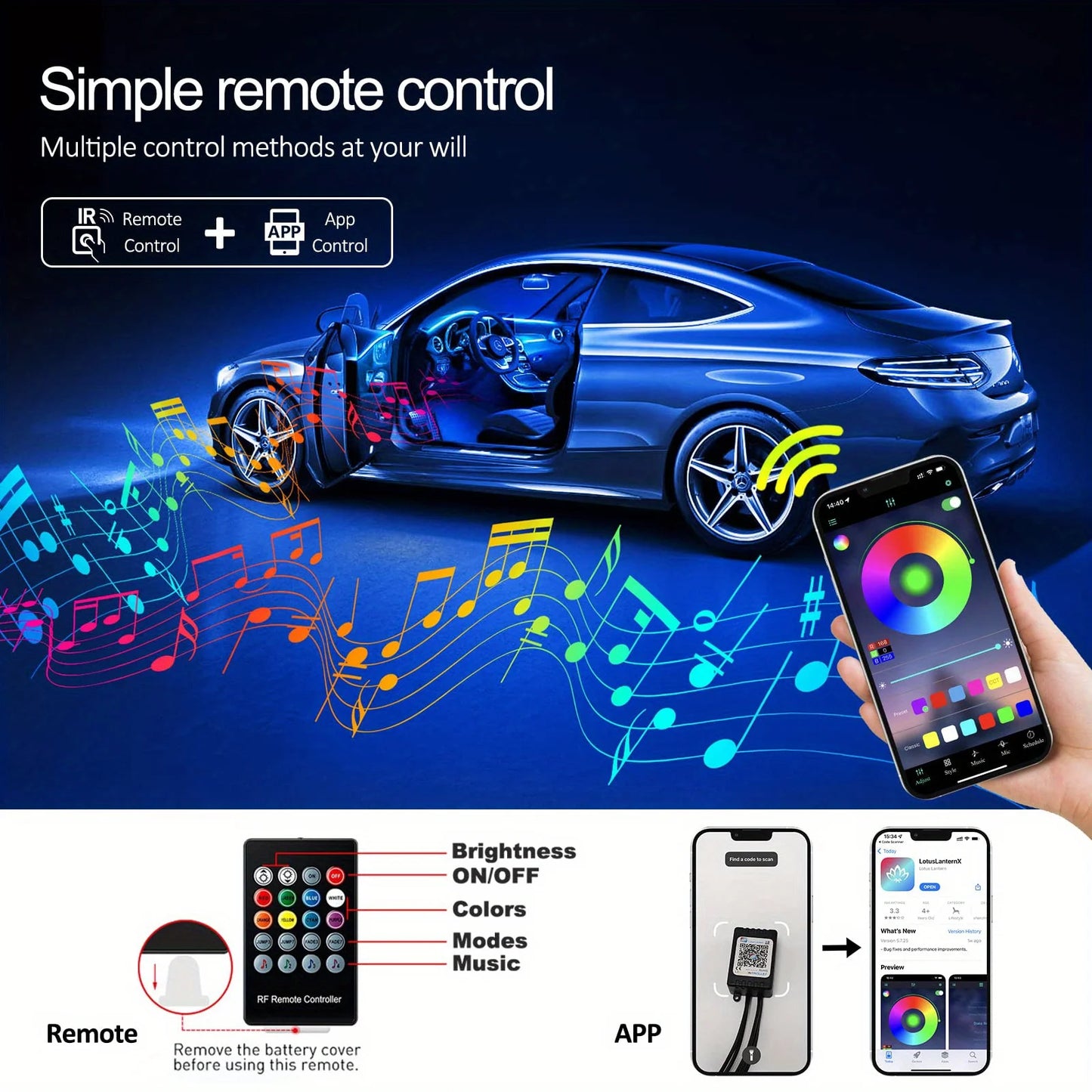 LumenRide Music-Synced Car LED Strip Lights – App & Remote Controlled